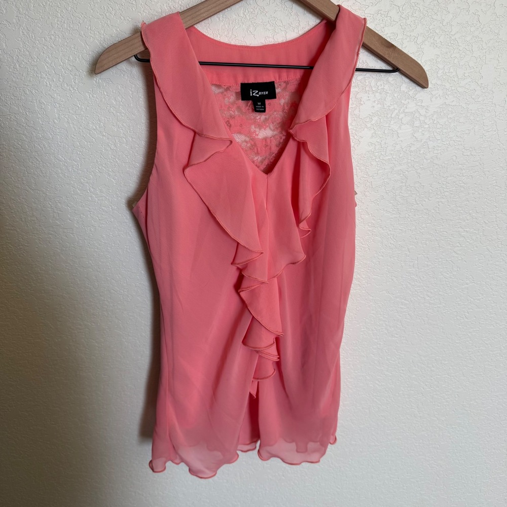 Coquette Ruffle Lace Back Chiffon Blouse IZ Byer Medium Pink